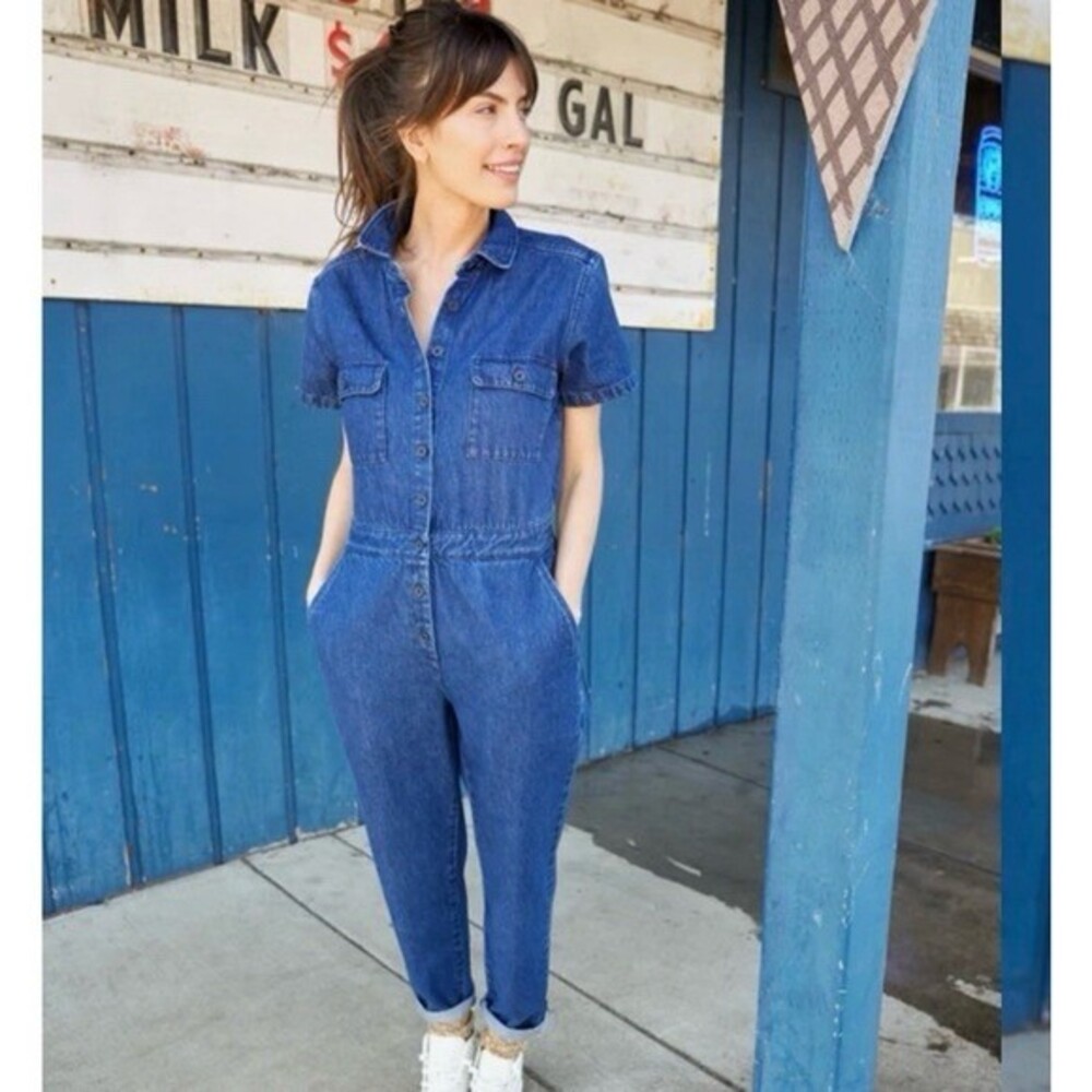 Outerknown Coverall SEA Jumpsuit Womens Light Indigo Blue Wash Short Sleeve